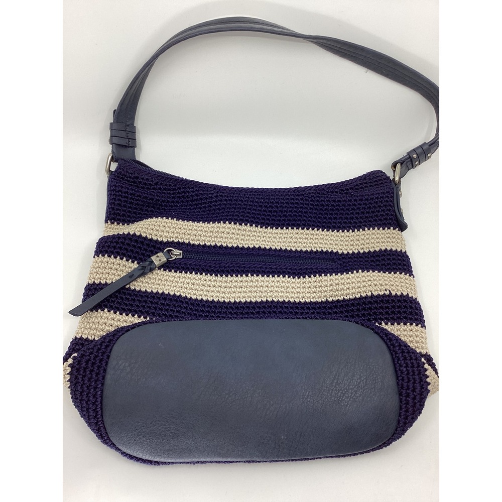 The Sak Navy Blue Cream Striped Crochet Hobo Shoulder Bag Nautical Boho Zip Top - Picture 2 of 7